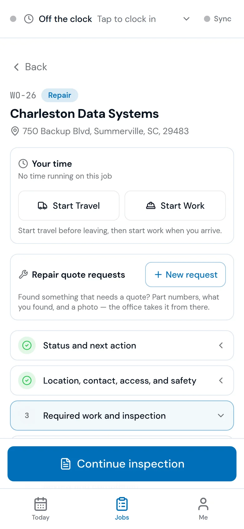 A generator repair work order in the PowerOps field app: the site address, time tracking, repair quote requests, and the inspection to complete.