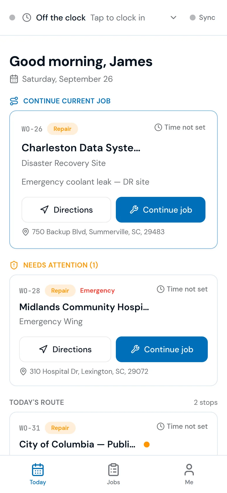 The PowerOps field app for generator technicians: today's jobs, with directions and the current job.